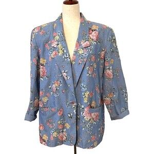 VTG Alfred Dunner Floral Blazer Women's 14 Blue Academia Cottagecore Career USA